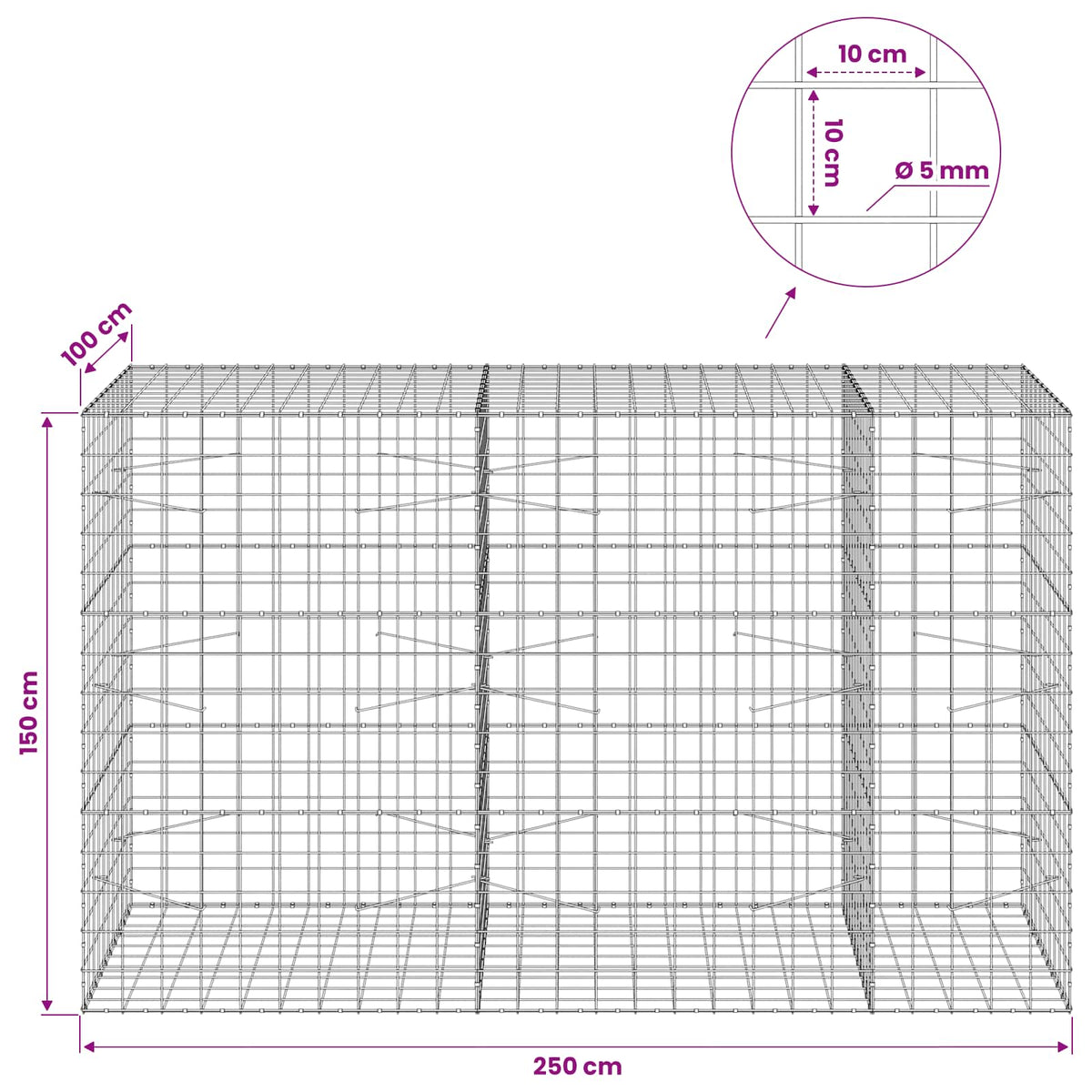 Gabionas su 5 mm viela ir 10x10 cm tinkleliu 250x100x150 cm