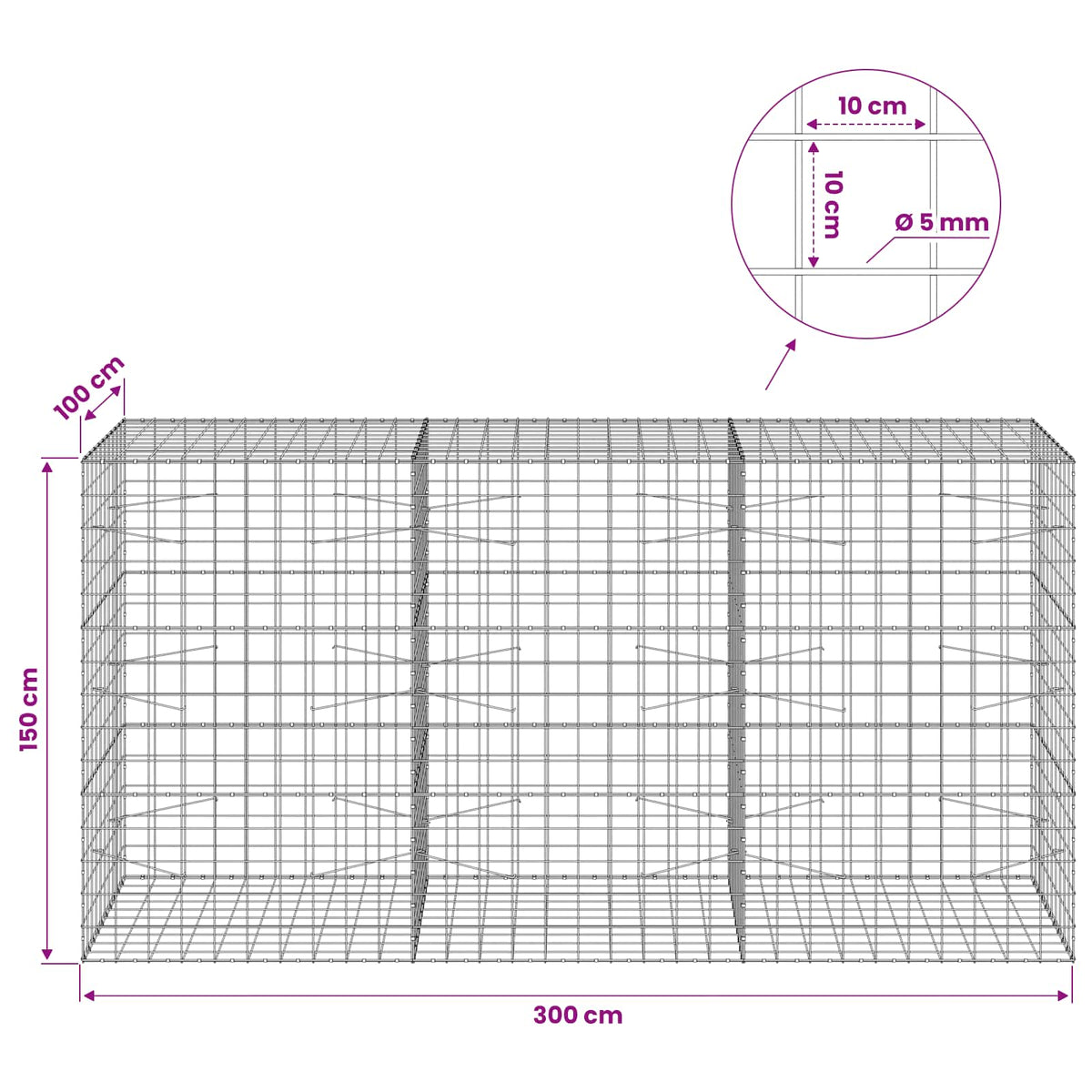 Gabionas su 5 mm viela ir 10x10 cm tinkleliu 300x100x150 cm