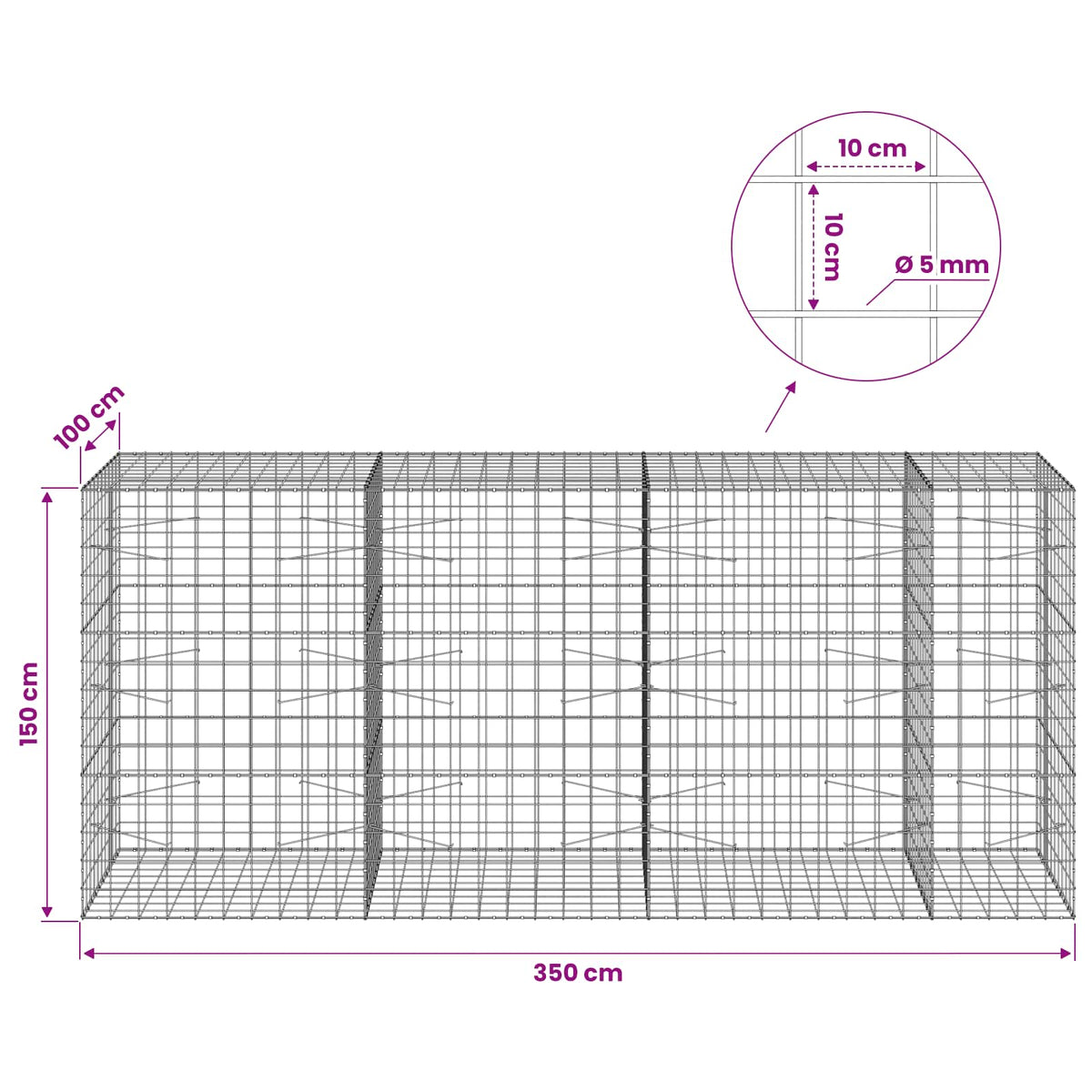 Gabionas su 5 mm viela ir 10x10 cm tinkleliu 350x100x150 cm