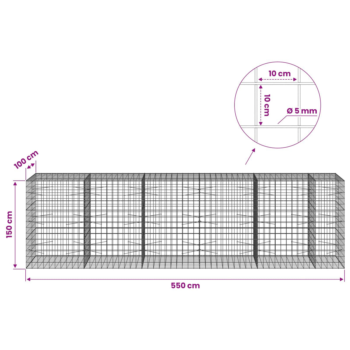 Gabionas su 5 mm viela ir 10x10 cm tinkleliu 550x100x150 cm