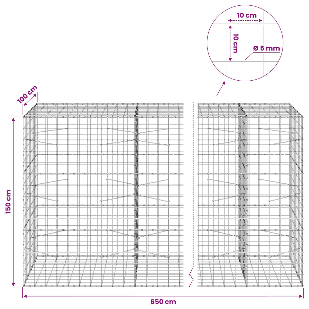Gabionas su 5 mm viela ir 10x10 cm tinkleliu 650x100x150 cm