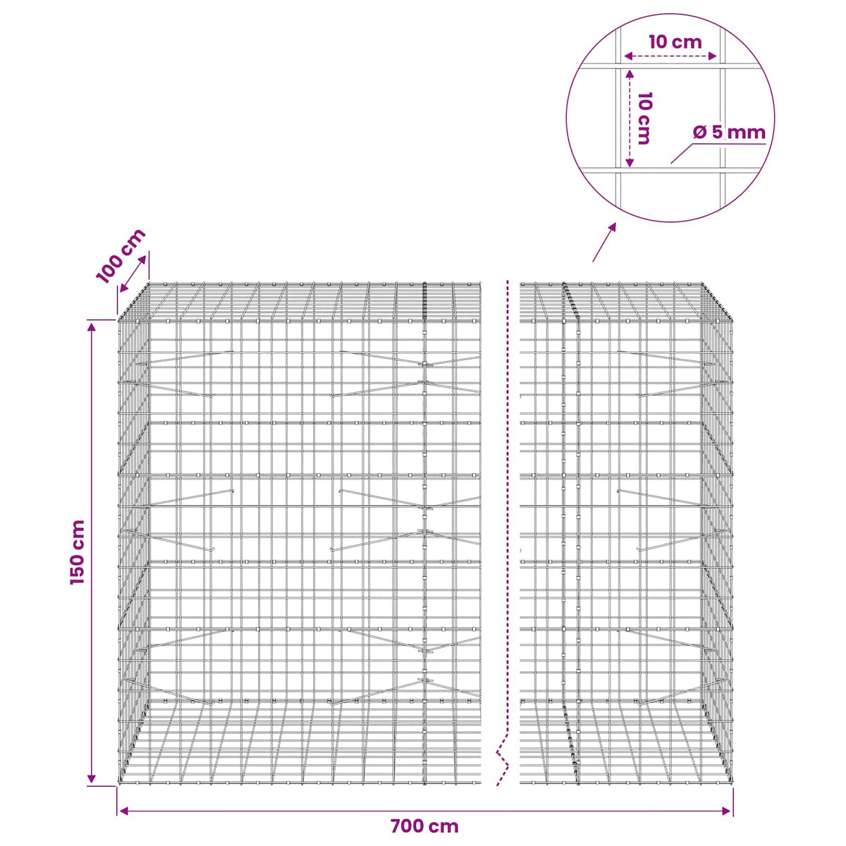 Gabionas su 5 mm viela ir 10x10 cm tinkleliu 700x100x150 cm