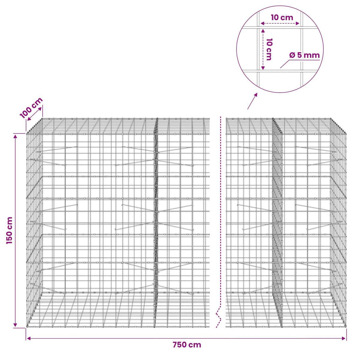Gabionas su 5 mm viela ir 10x10 cm tinkleliu 750x100x150 cm