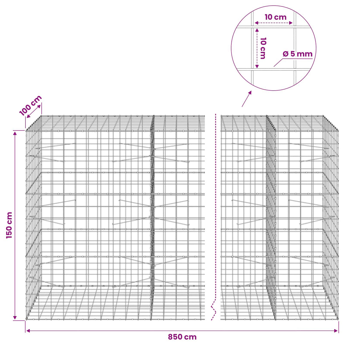 Gabionas su 5 mm viela ir 10x10 cm tinkleliu 850x100x150 cm