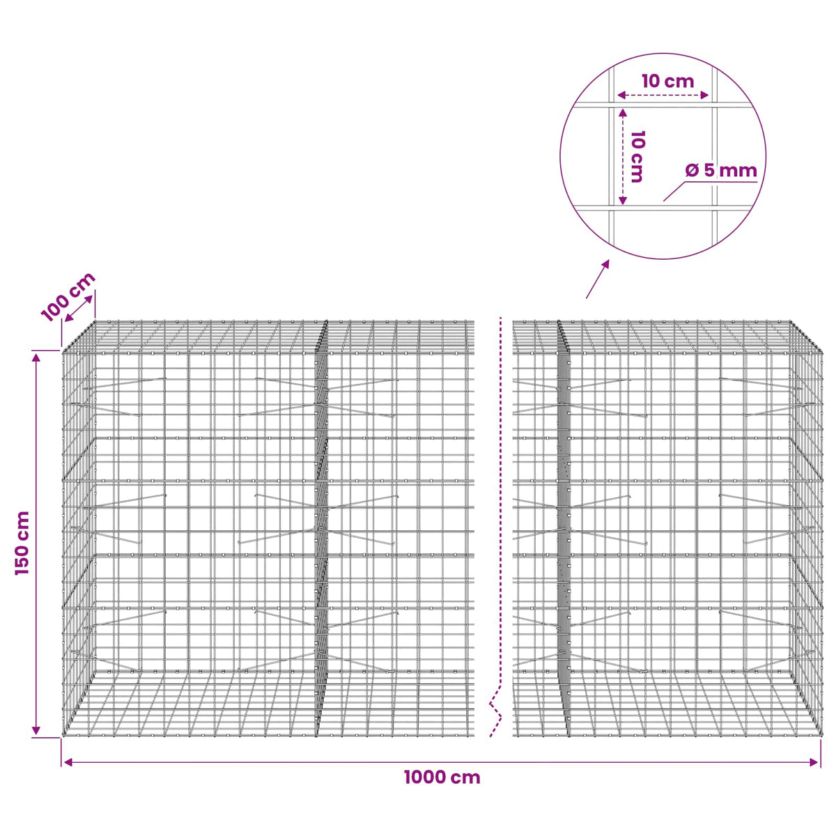 Gabionas su 5 mm viela ir 10x10 cm tinkleliu 1000x100x150 cm