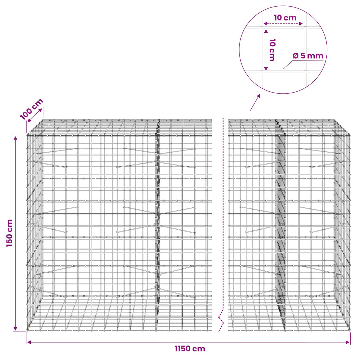 Gabionas su 5 mm viela ir 10x10 cm tinkleliu 1150x100x150 cm