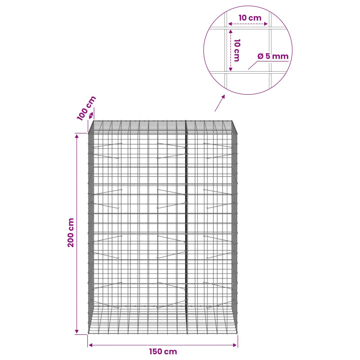 Gabionas su 5 mm viela ir 10x10 cm tinkleliu 150x100x200 cm