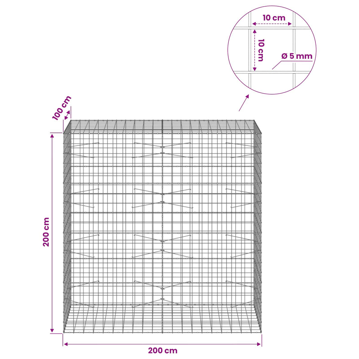 Gabionas su 5 mm viela ir 10x10 cm tinkleliu 200x100x200 cm
