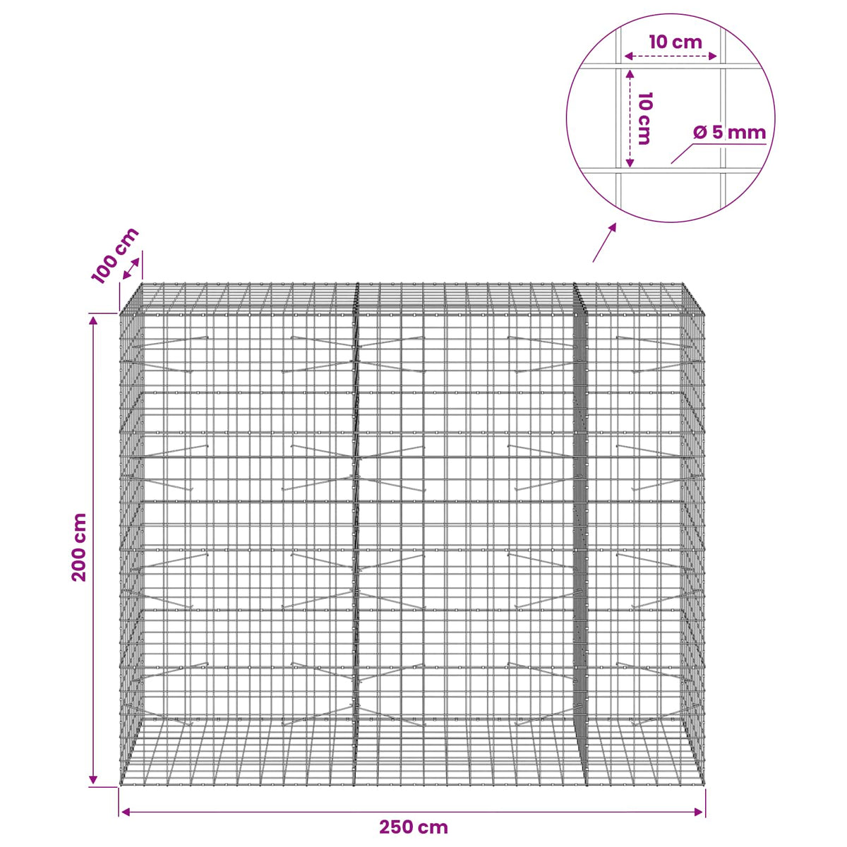 Gabionas su 5 mm viela ir 10x10 cm tinkleliu 250x100x200 cm