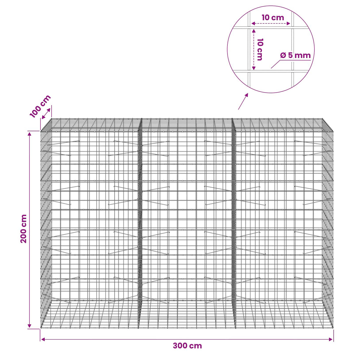 Gabionas su 5 mm viela ir 10x10 cm tinkleliu 300x100x200 cm