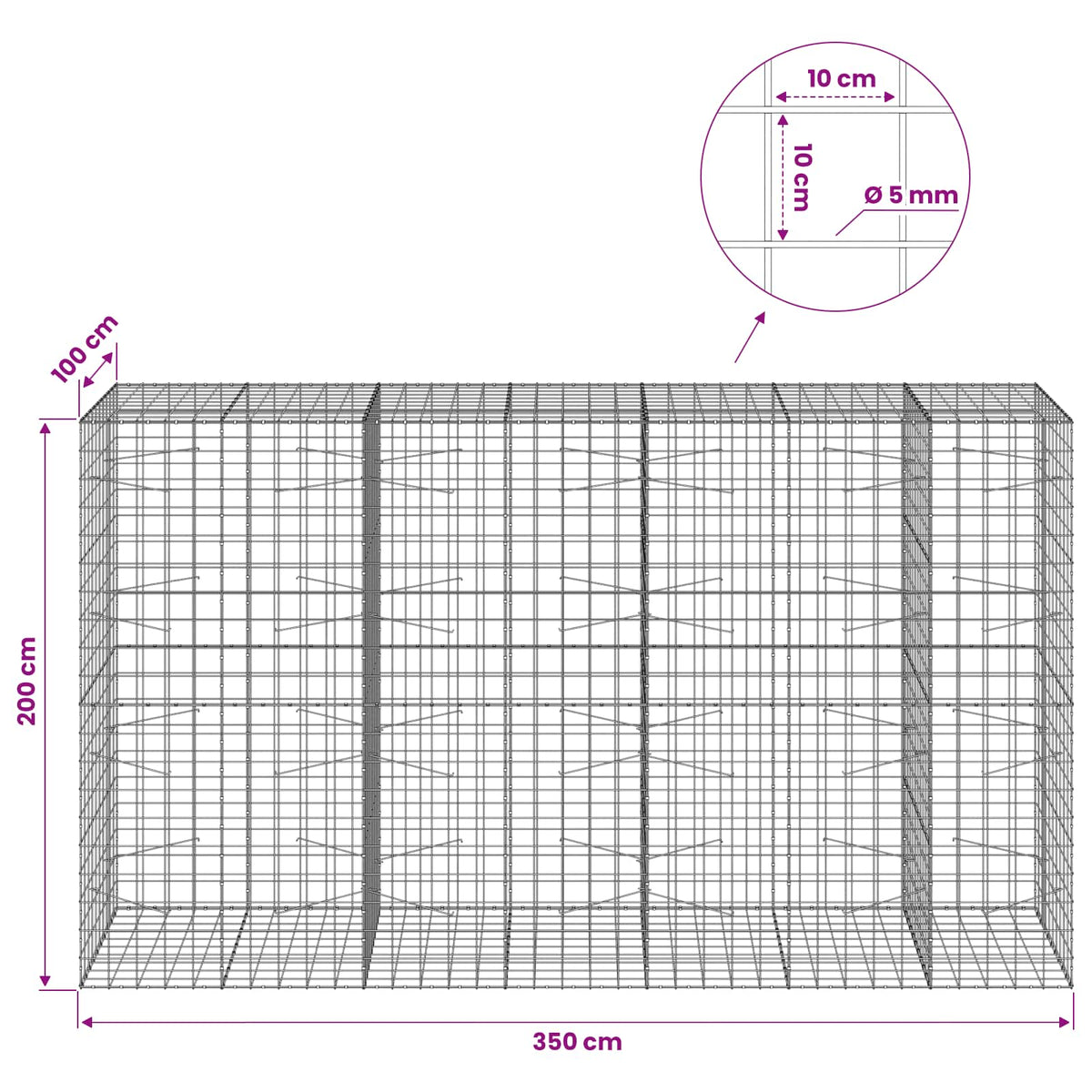 Gabionas su 5 mm viela ir 10x10 cm tinkleliu 350x100x200 cm