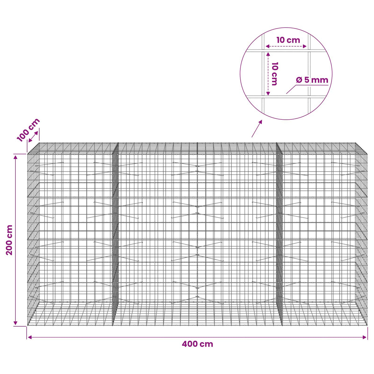 Gabionas su 5 mm viela ir 10x10 cm tinkleliu 400x100x200 cm
