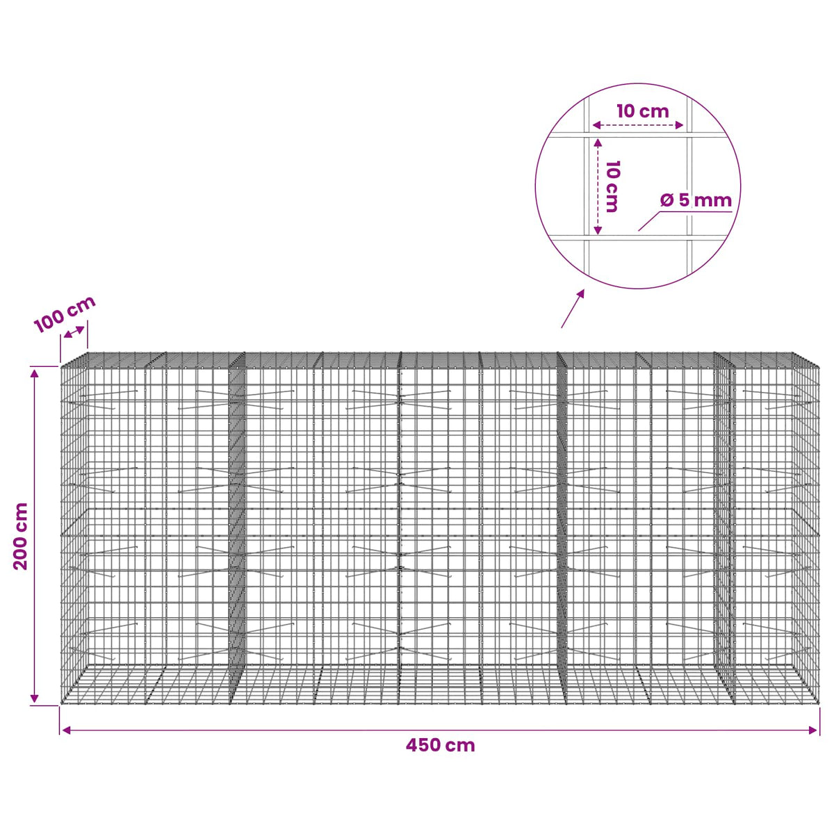 Gabionas su 5 mm viela ir 10x10 cm tinkleliu 450x100x200 cm
