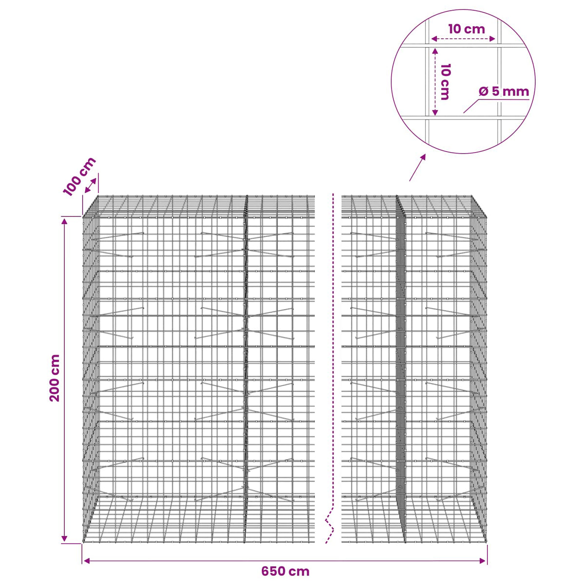 Gabionas su 5 mm viela ir 10x10 cm tinkleliu 650x100x200 cm