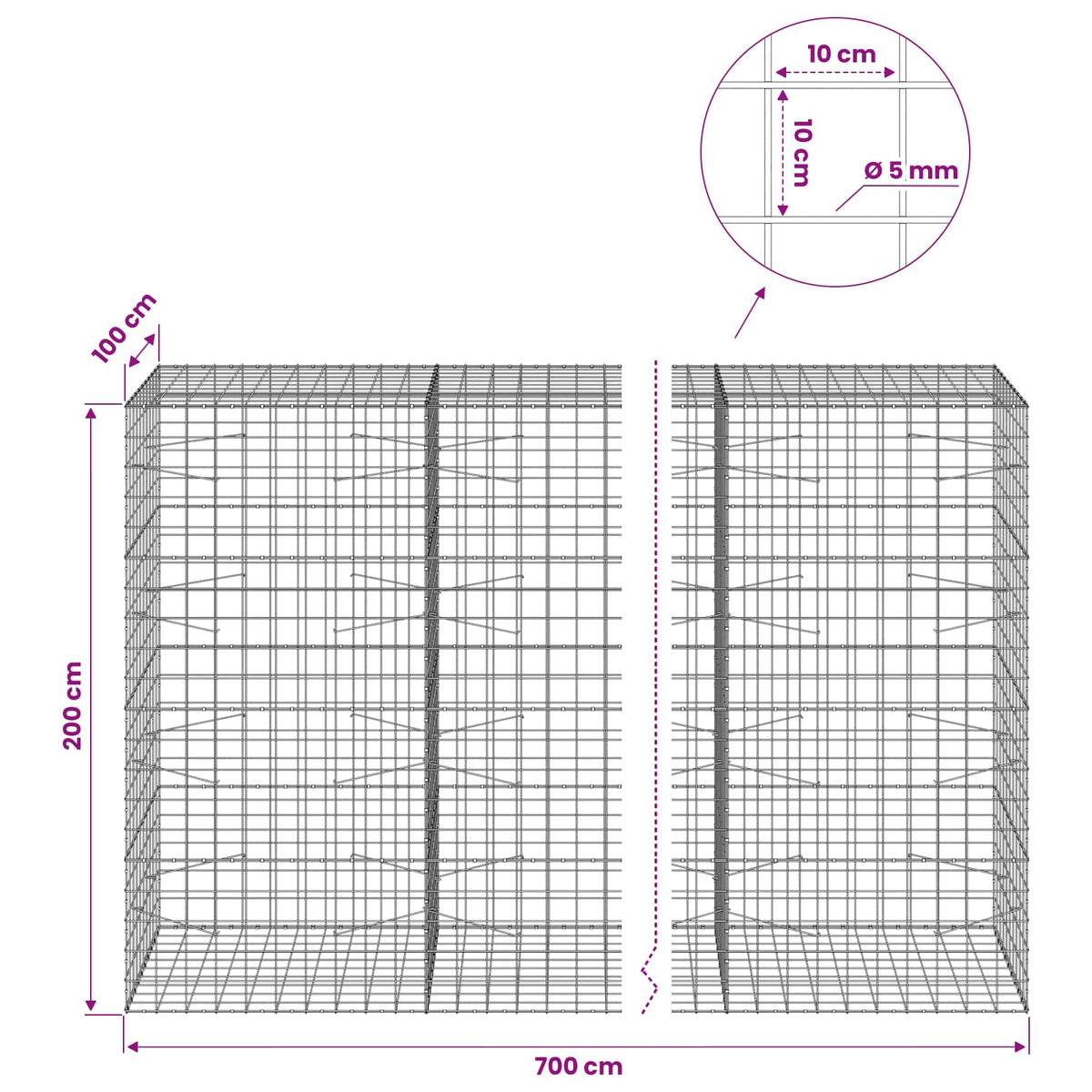 Gabionas su 5 mm viela ir 10x10 cm tinkleliu 700x100x200 cm