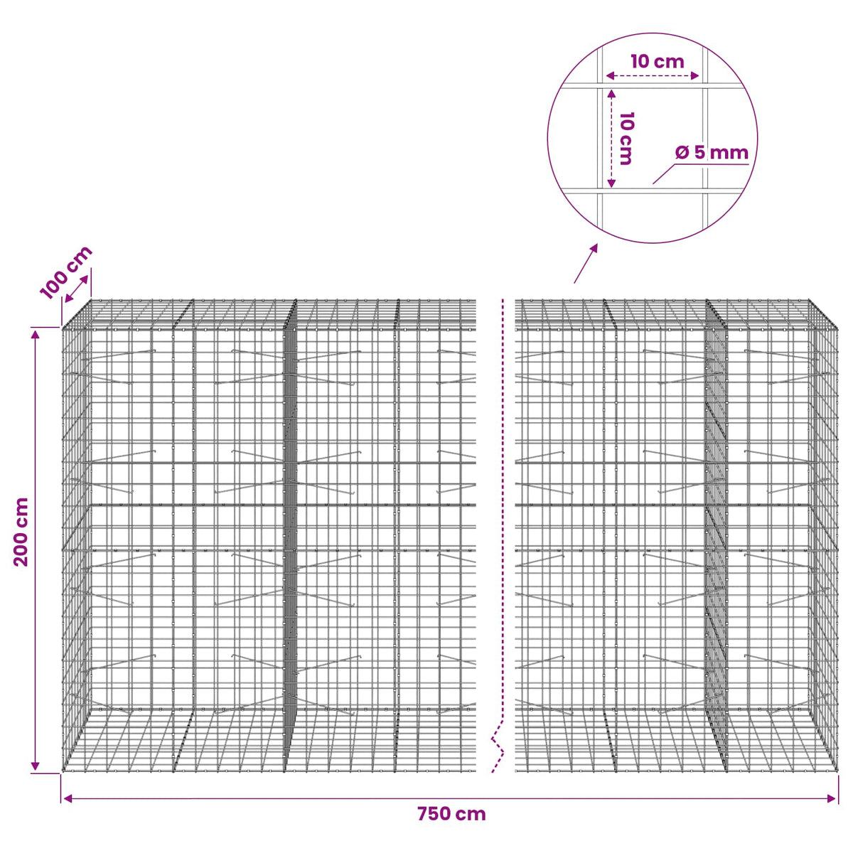 Gabionas su 5 mm viela ir 10x10 cm tinkleliu 750x100x200 cm