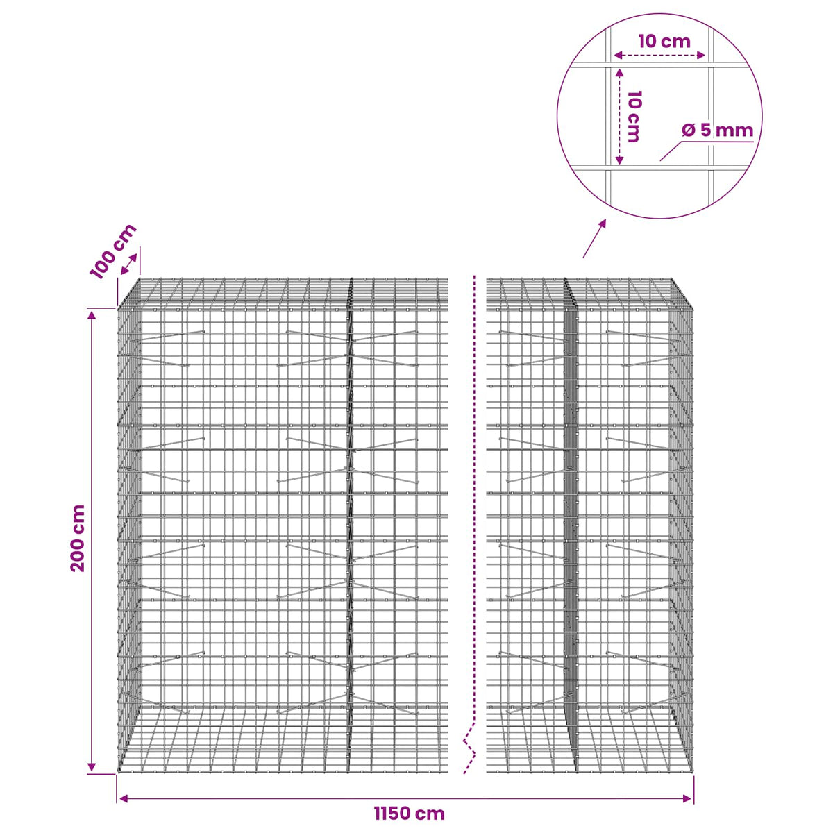 Gabionas su 5 mm viela ir 10x10 cm tinkleliu 1150x100x200 cm
