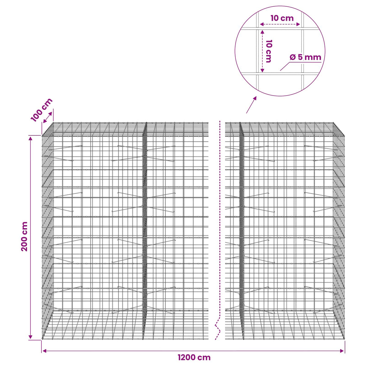 Gabionas su 5 mm viela ir 10x10 cm tinkleliu 1200x100x200 cm