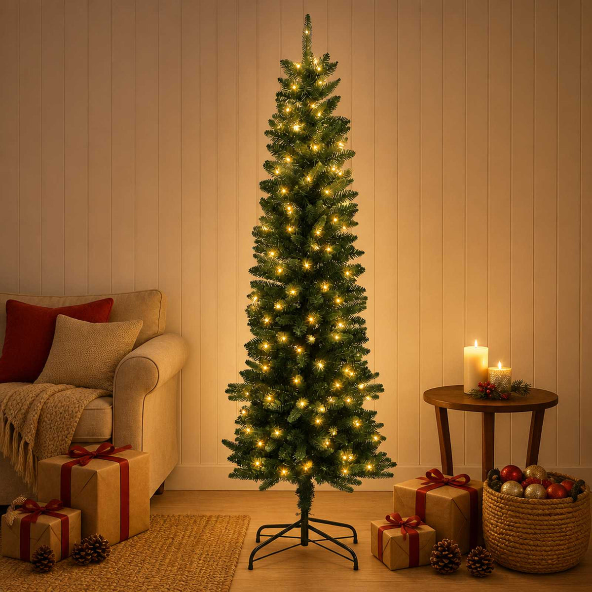 Dirbtinis lieknas Kalėdų medis 120 cm 150 LED Šilta balta