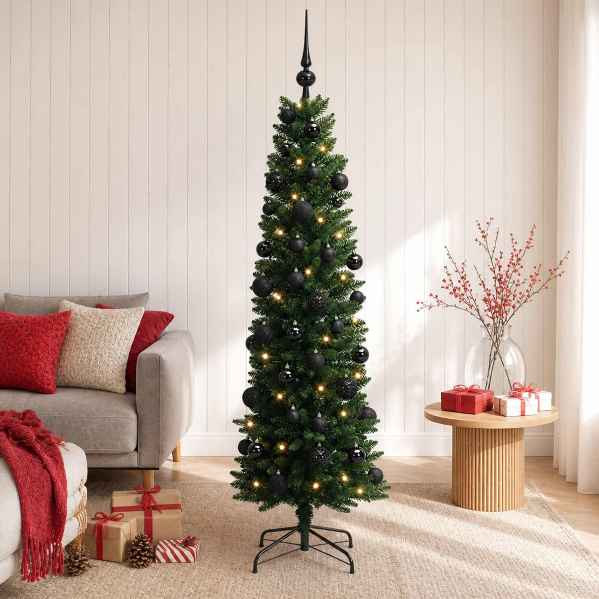Dirbtinė siaura kalėdinė eglutė su žaisliuku 120 cm 150 LED