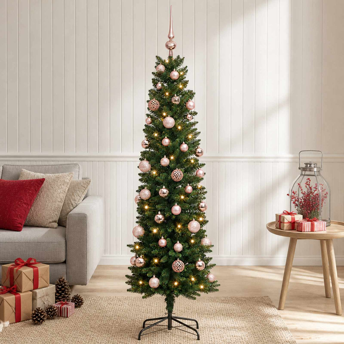 Dirbtinė siaura kalėdinė eglutė su žaisliuku 120 cm 150 LED