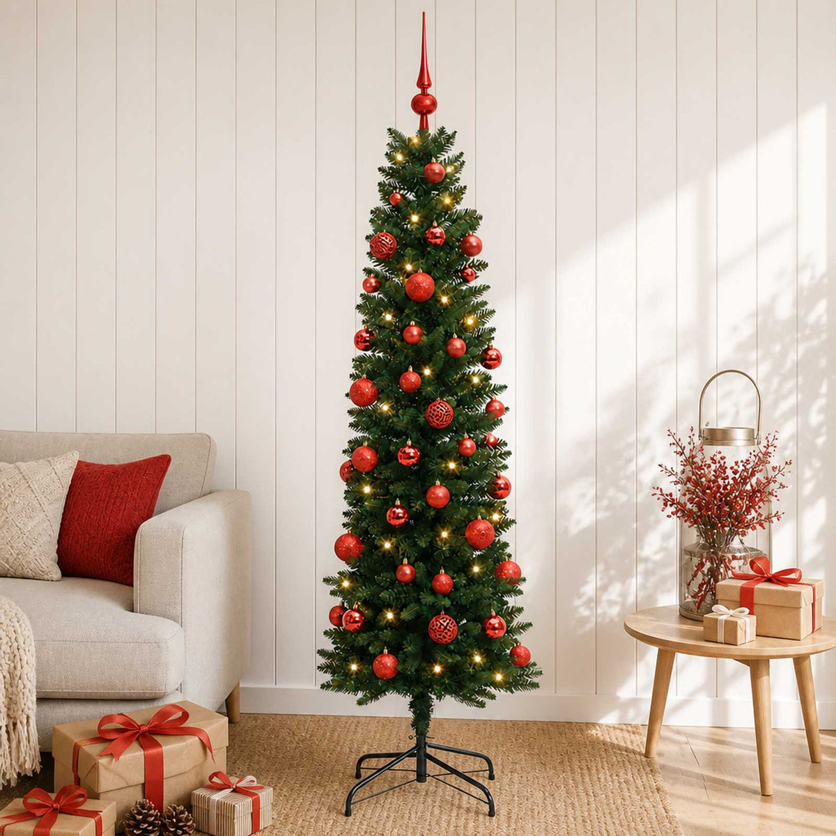 Dirbtinė siaura kalėdinė eglutė su žaisliuku 120 cm 150 LED