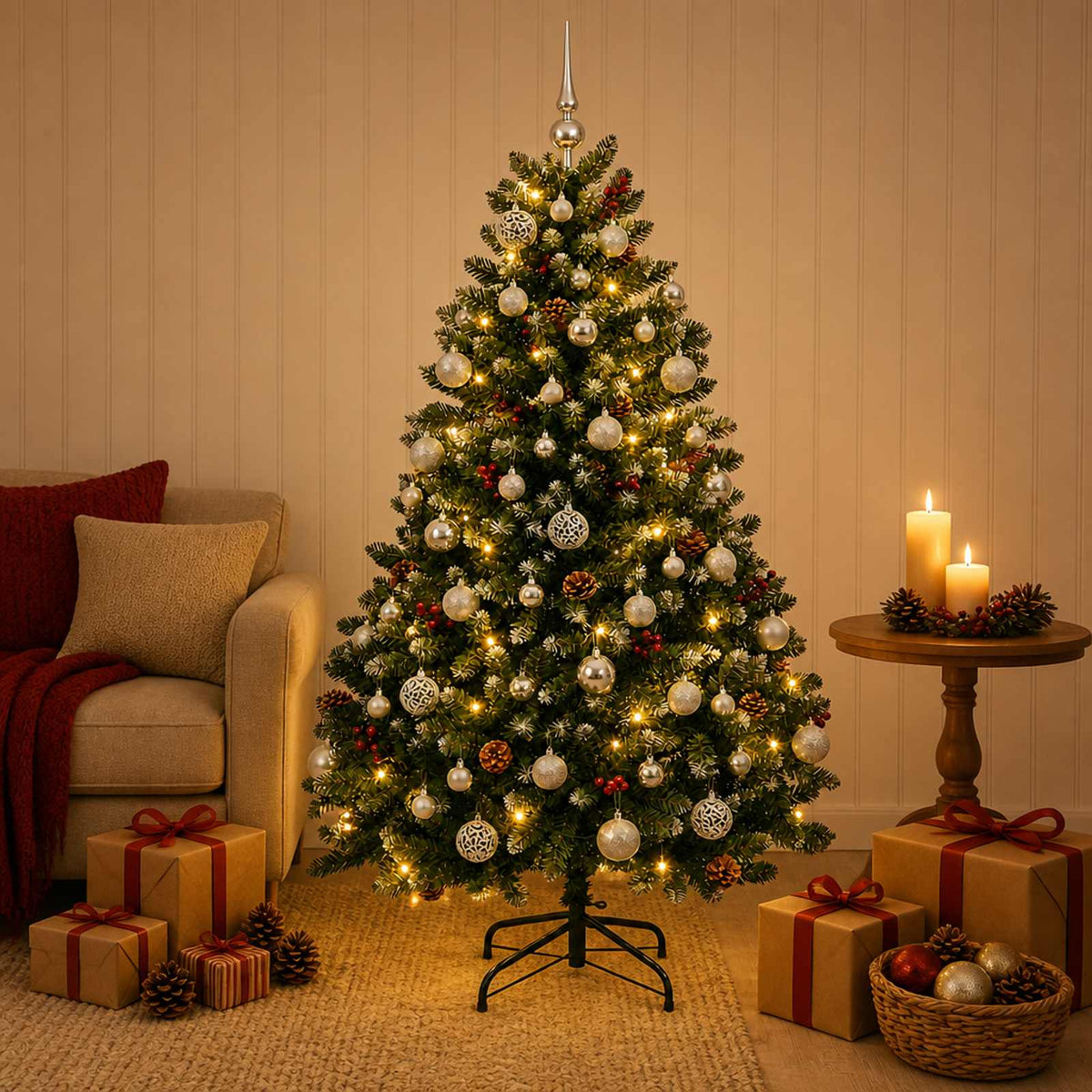 Dirbtinė Kalėdų eglutė, žalia, su žaisliukais 120 cm 150 LED