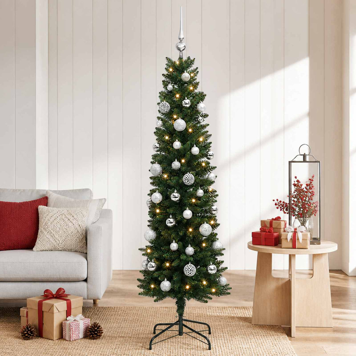 Dirbtinė siaura kalėdinė eglutė su žaisliuku 150 cm 150 LED