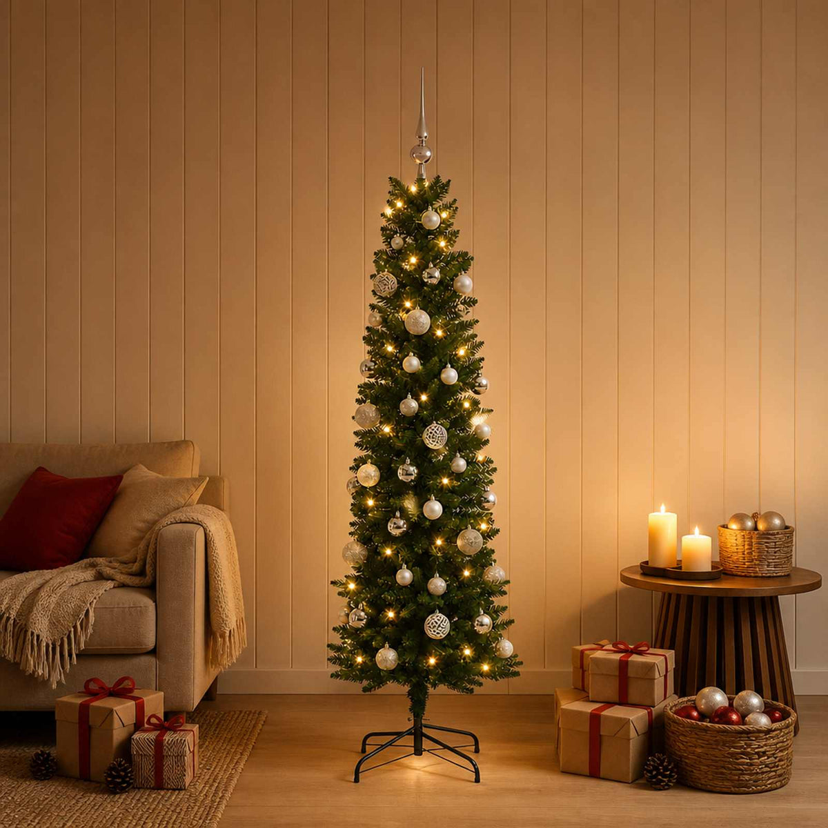 Dirbtinė siaura kalėdinė eglutė su žaisliuku 120 cm 150 LED