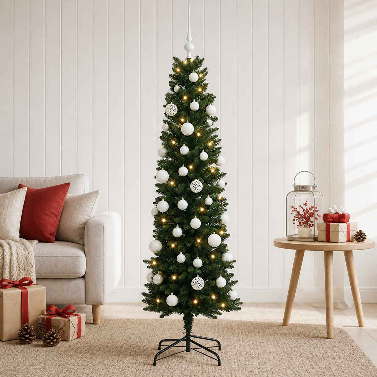 Dirbtinė siaura kalėdinė eglutė su žaisliuku 120 cm 150 LED