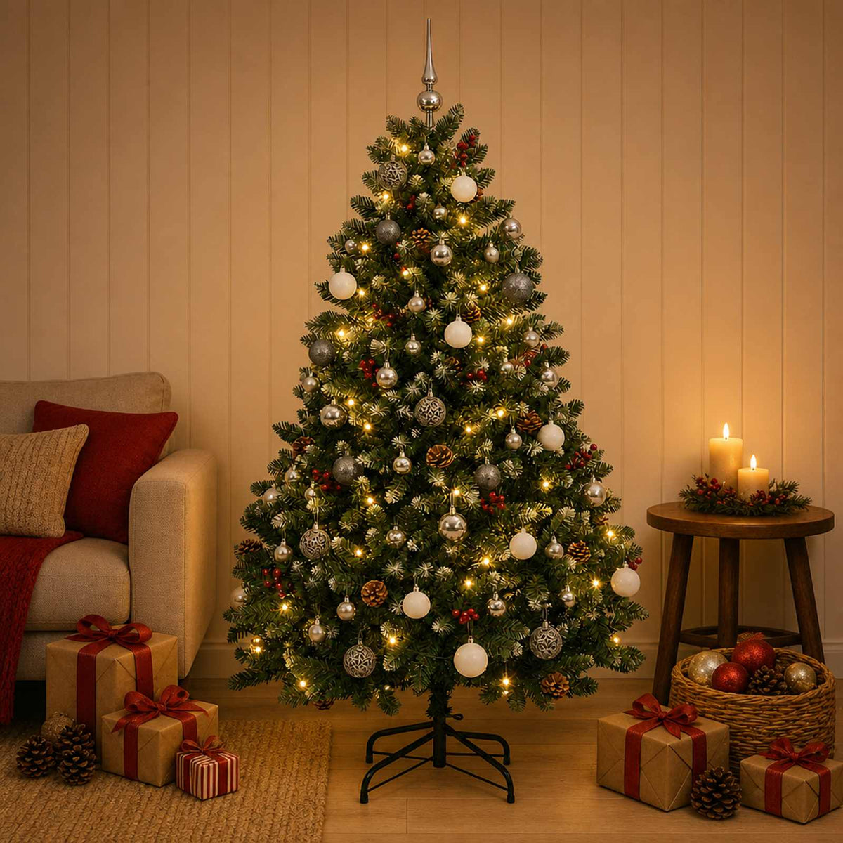 Dirbtinė žalia Kalėdų eglutė su žaisliukais 120 cm 150 LED