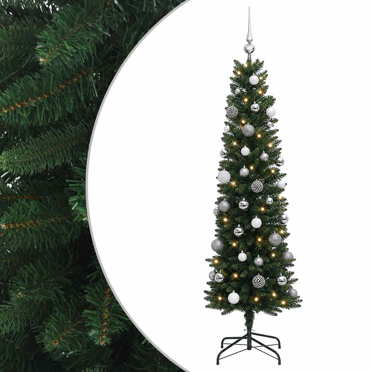Dirbtinė siaura kalėdinė eglutė su žaisliukais 120 cm 150 LED