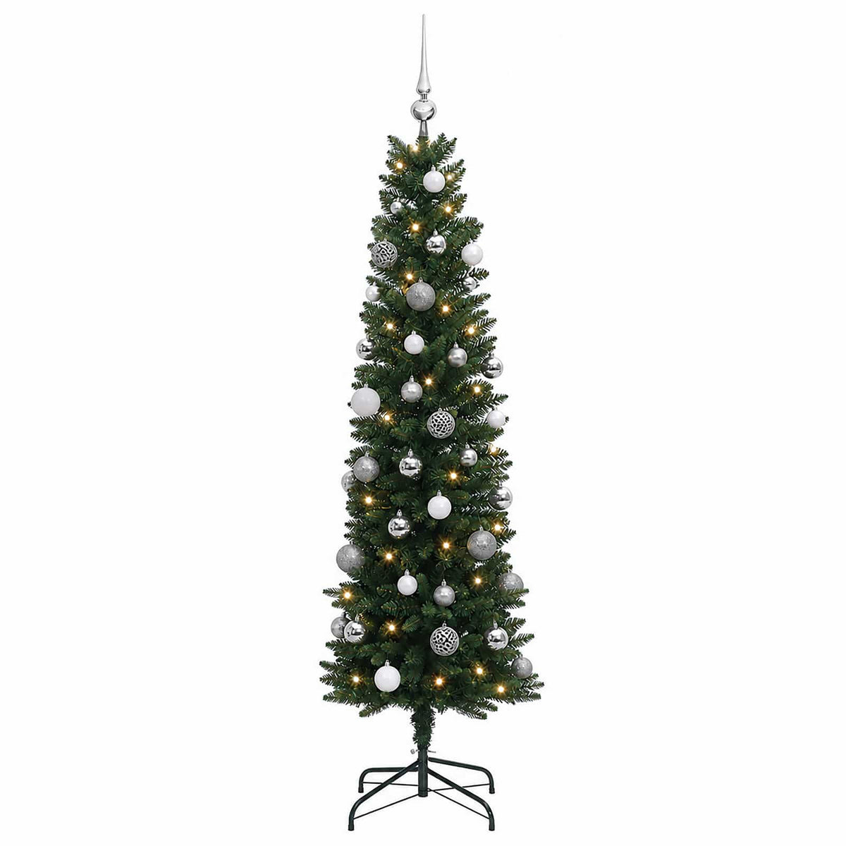 Dirbtinė siaura kalėdinė eglutė su žaisliukais 120 cm 150 LED