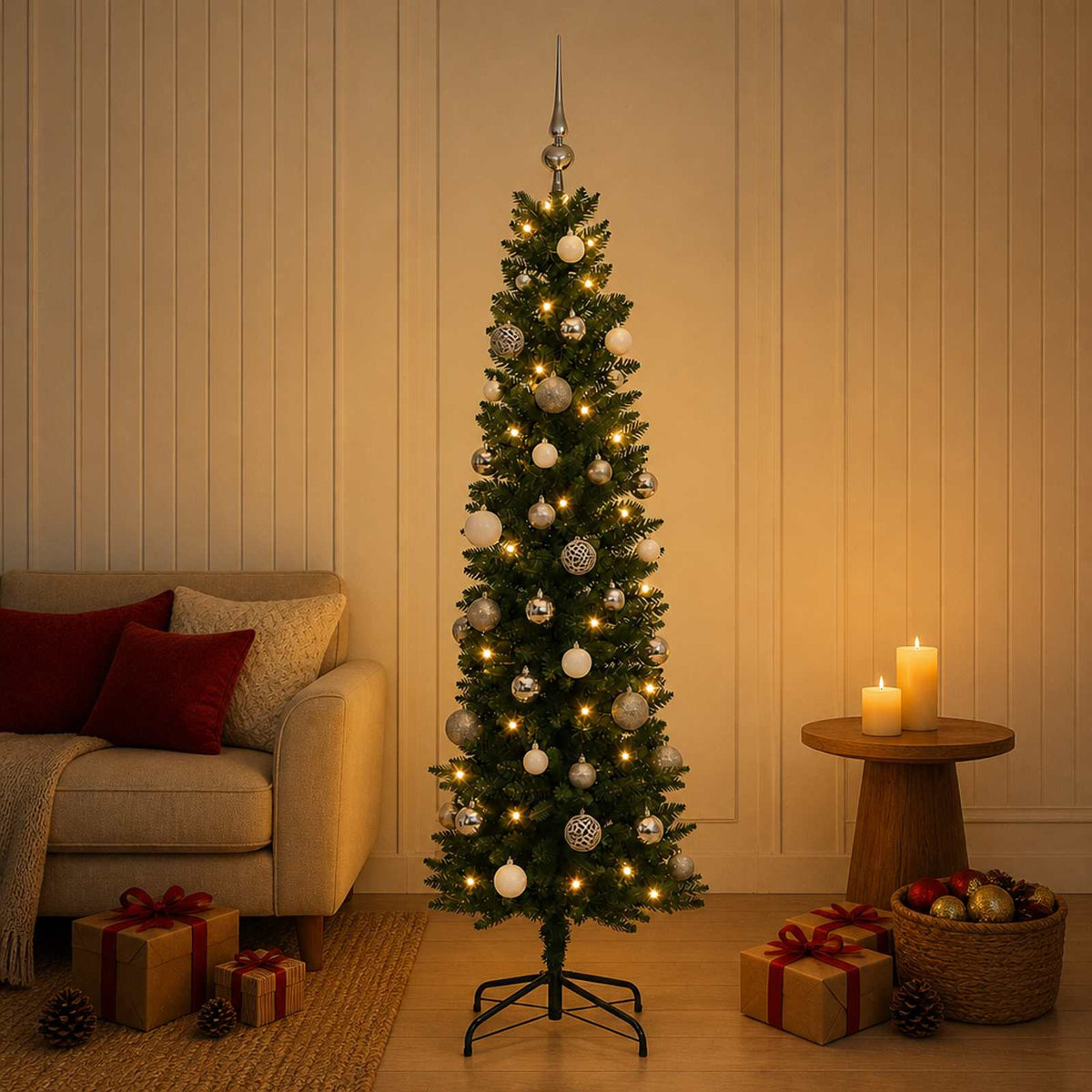Dirbtinė siaura kalėdinė eglutė su žaisliukais 120 cm 150 LED