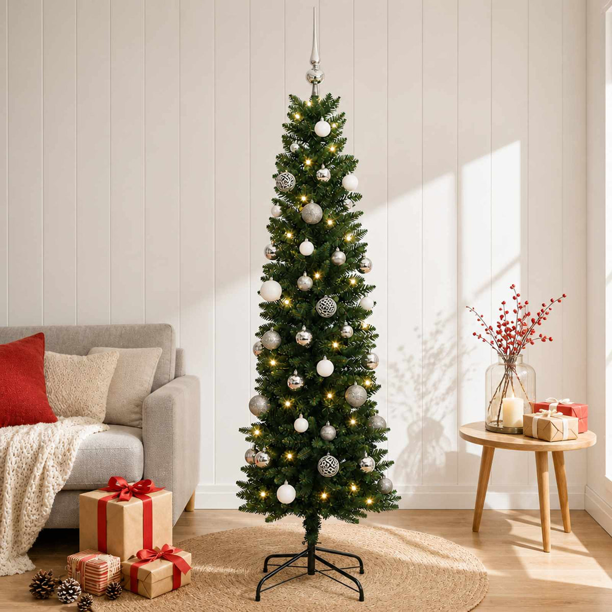 Dirbtinė siaura kalėdinė eglutė su žaisliukais 120 cm 150 LED