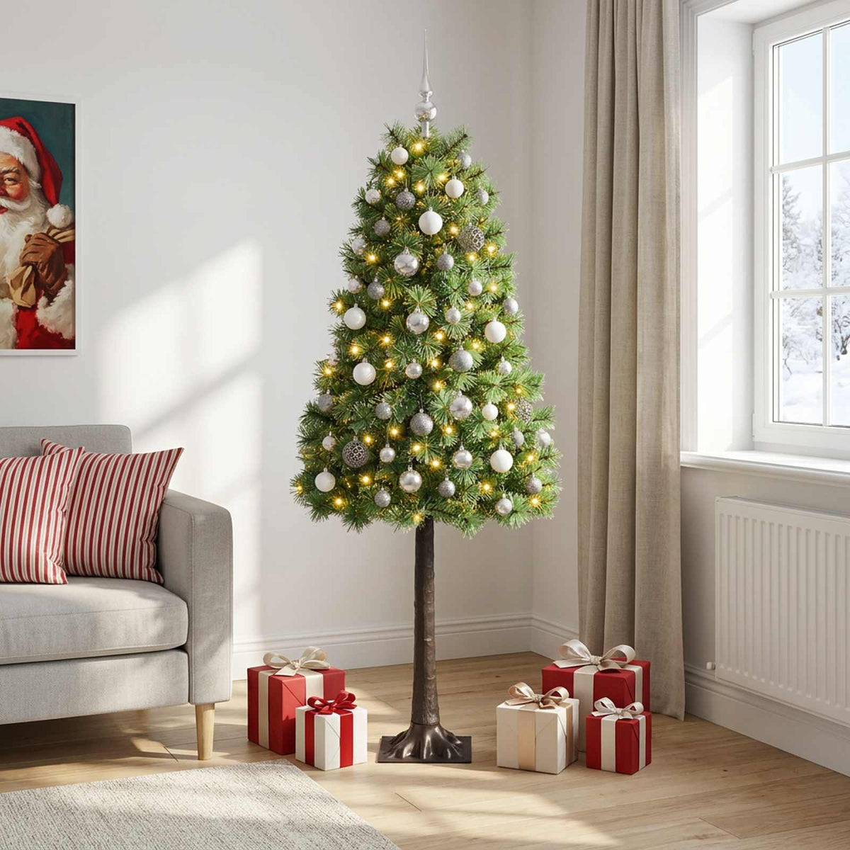 Dirbtinė eglutė su lankstomomis šakomis ir bumbulais 150 cm