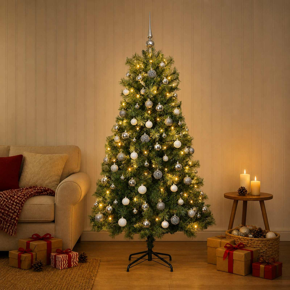 Dirbtinė eglutė su lankstomomis šakomis ir bumbulais 120 cm