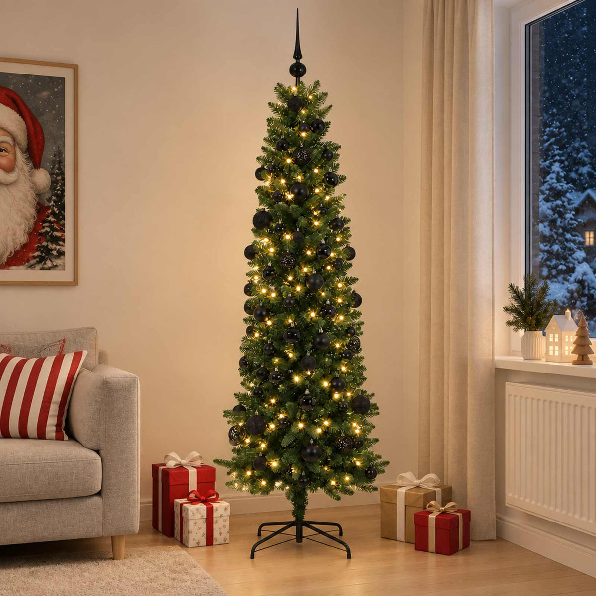 Dirbtinė siaura kalėdinė eglutė su žaisliuku 240 cm 300 LED