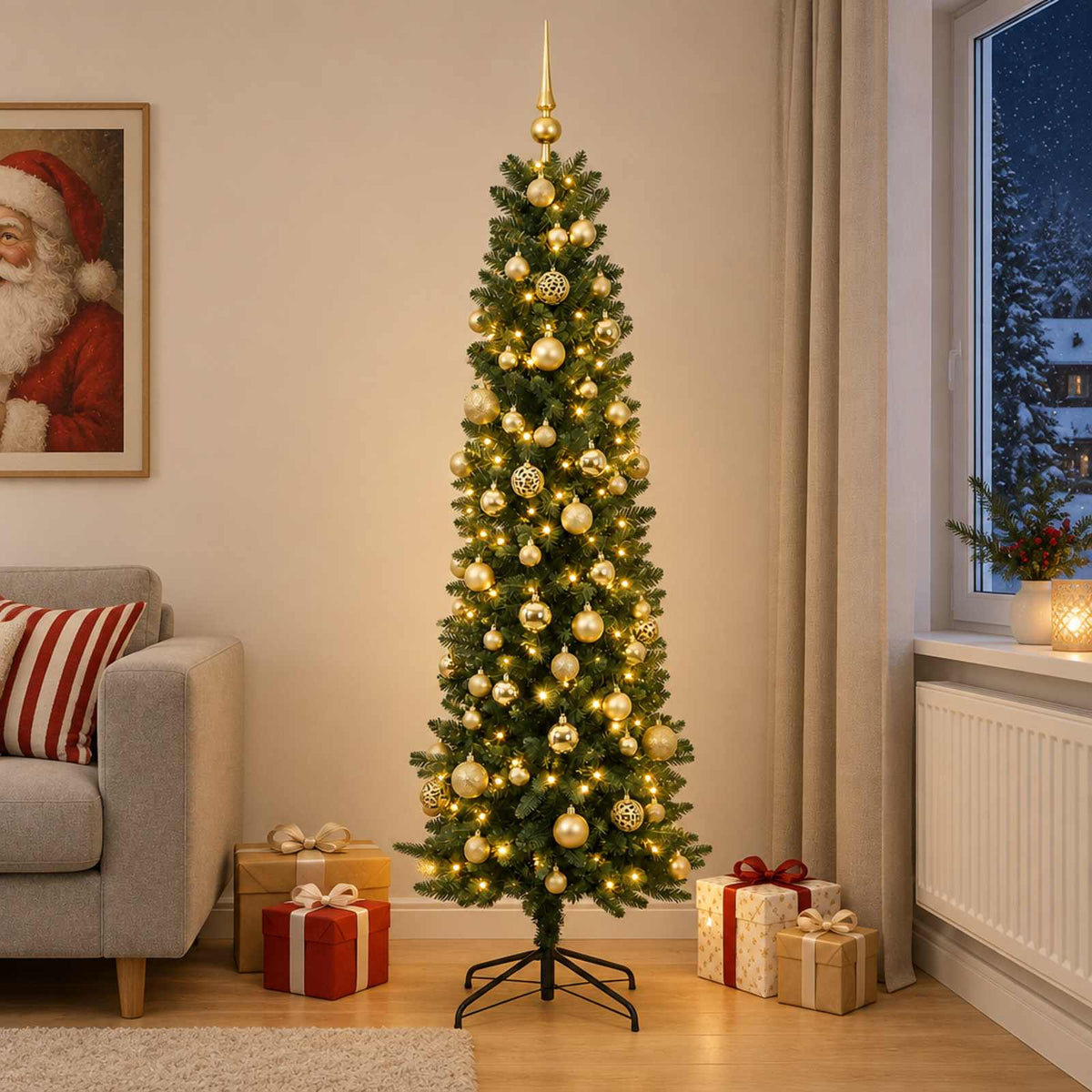 Dirbtinė siaura kalėdinė eglutė su žaisliuku 180 cm 300 LED
