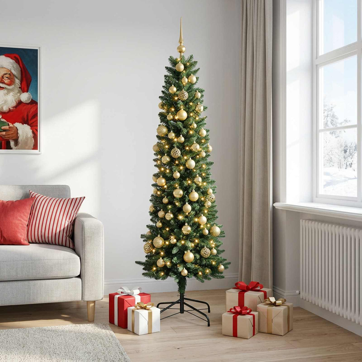 Dirbtinė siaura kalėdinė eglutė su žaisliuku 210 cm 300 LED