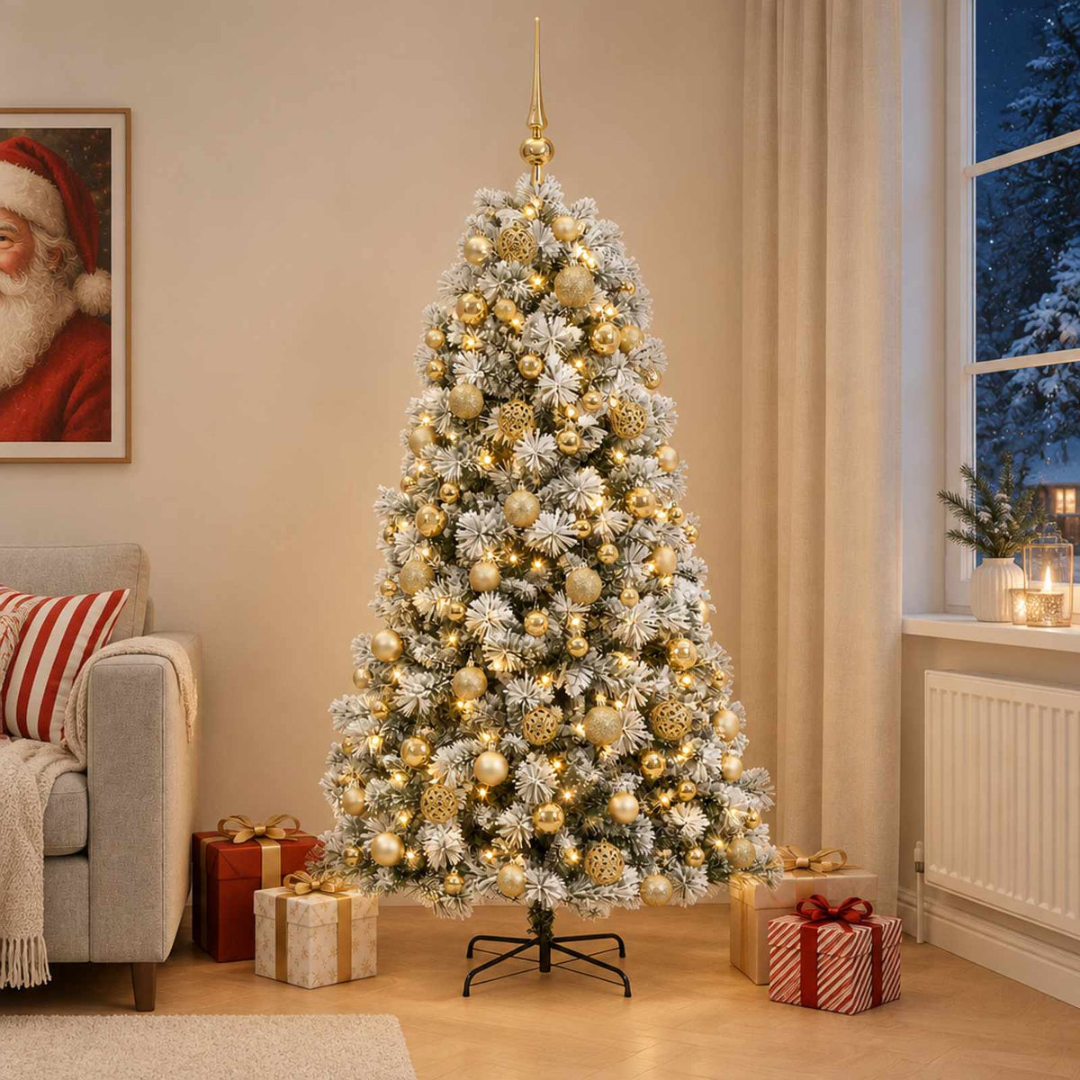 Dirbtinė eglutė su lankstomomis šakomis ir bumbulais 240 cm