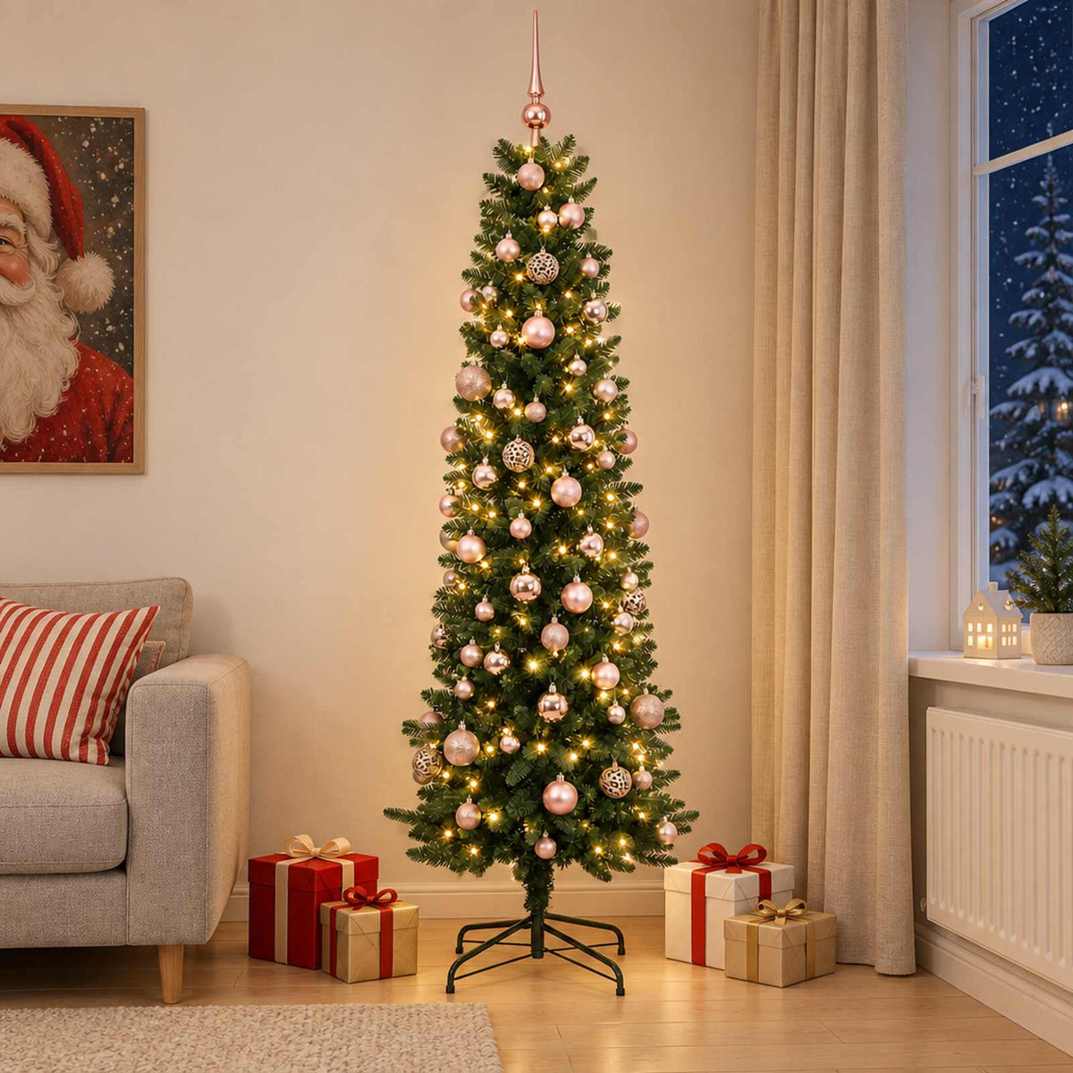 Dirbtinė siaura kalėdinė eglutė su žaisliuku 180 cm 300 LED