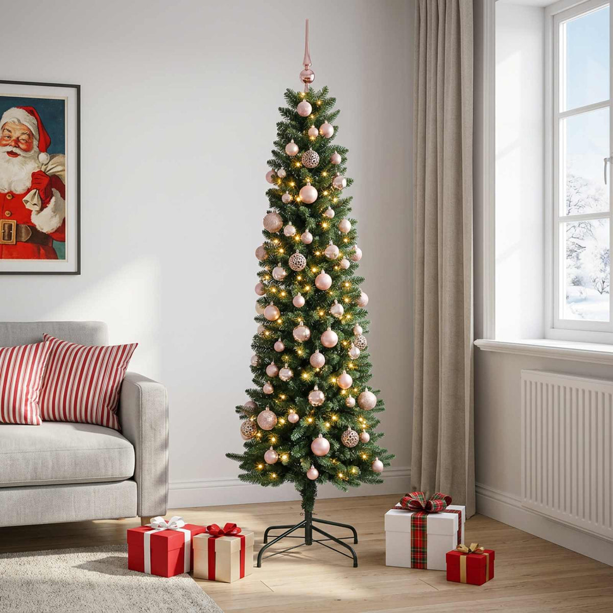 Dirbtinė siaura kalėdinė eglutė su žaisliuku 180 cm 300 LED
