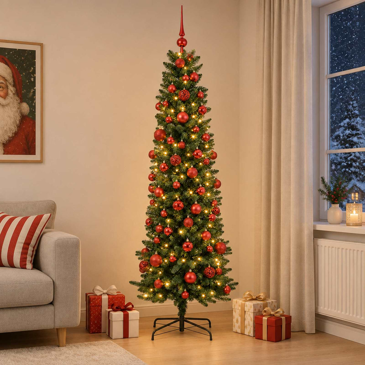 Dirbtinė siaura kalėdinė eglutė su žaisliuku 240 cm 300 LED