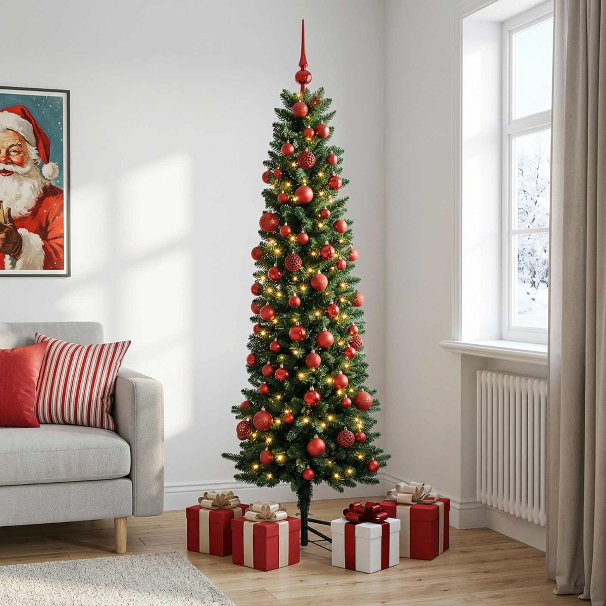 Dirbtinė siaura kalėdinė eglutė su žaisliuku 210 cm 300 LED