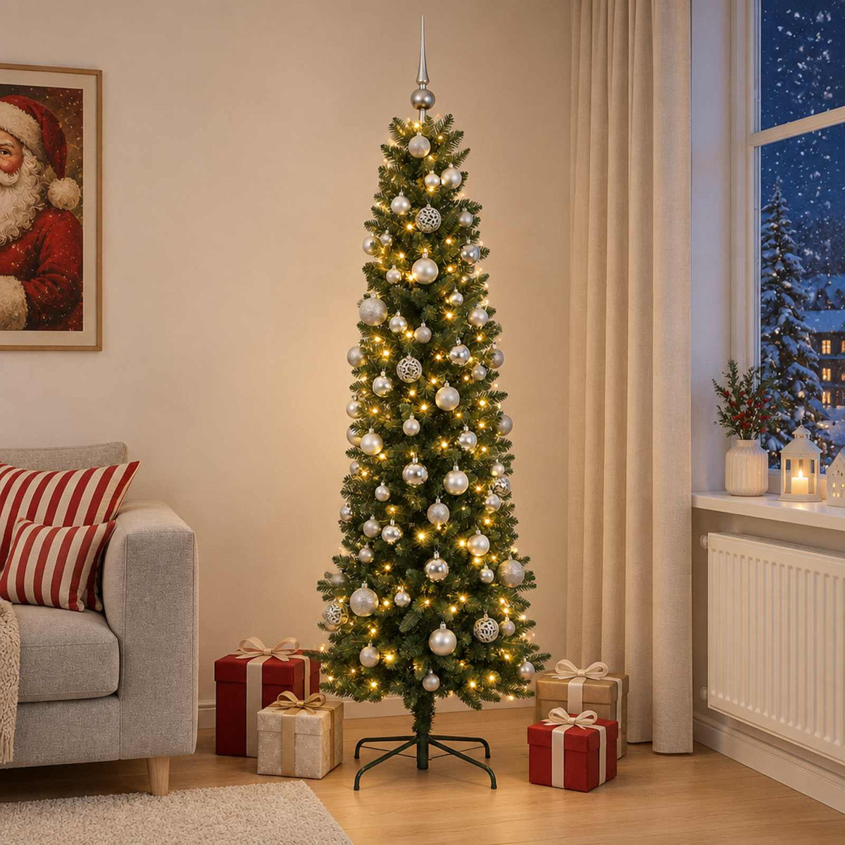 Dirbtinė siaura kalėdinė eglutė su žaisliuku 180 cm 300 LED