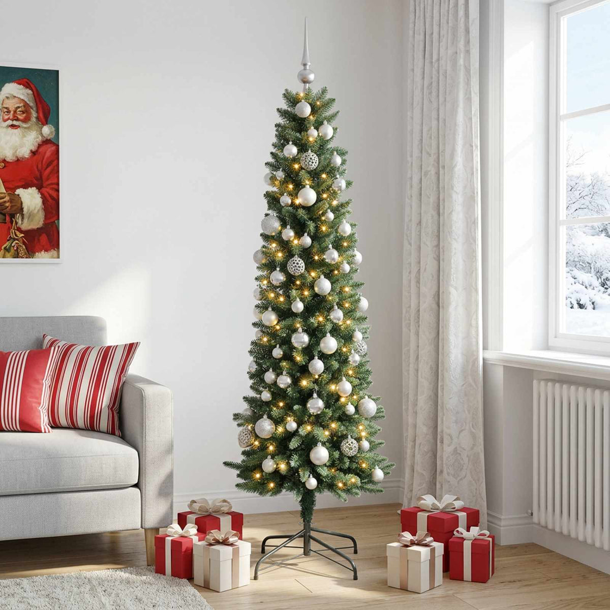 Dirbtinė siaura kalėdinė eglutė su žaisliuku 180 cm 300 LED