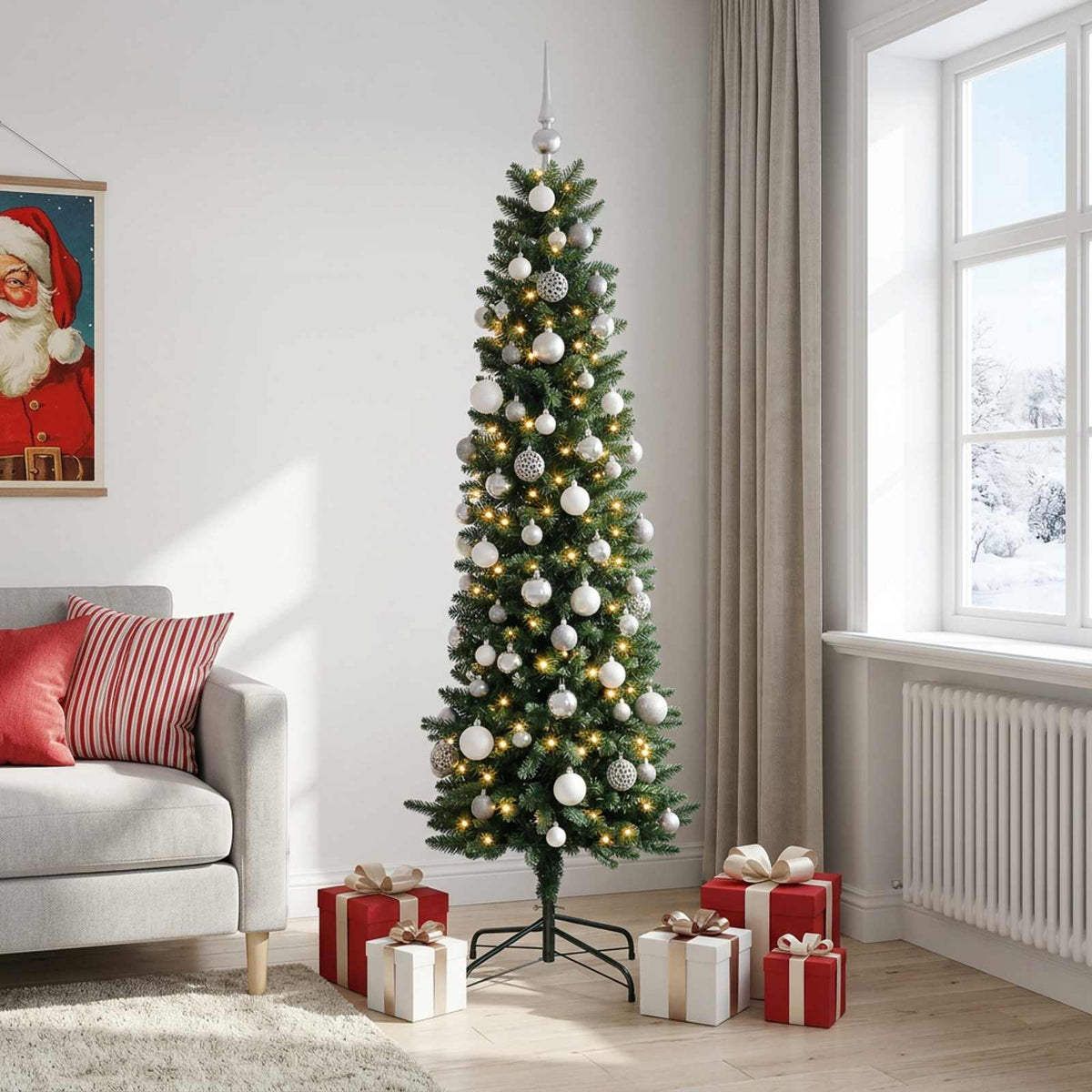 Dirbtinė siaura kalėdinė eglutė su žaisliukais 210 cm 300 LED