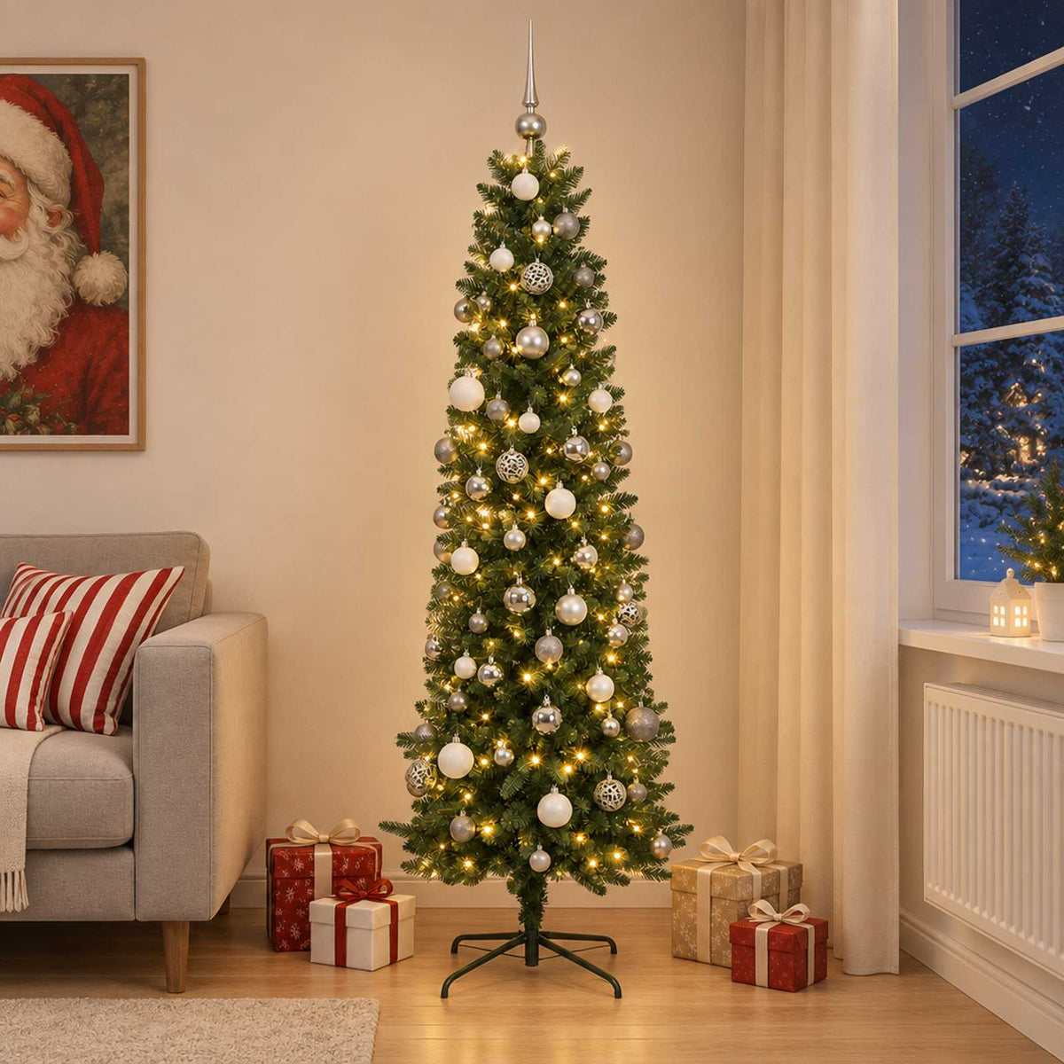 Dirbtinė siaura kalėdinė eglutė su žaisliukais 240 cm 300 LED