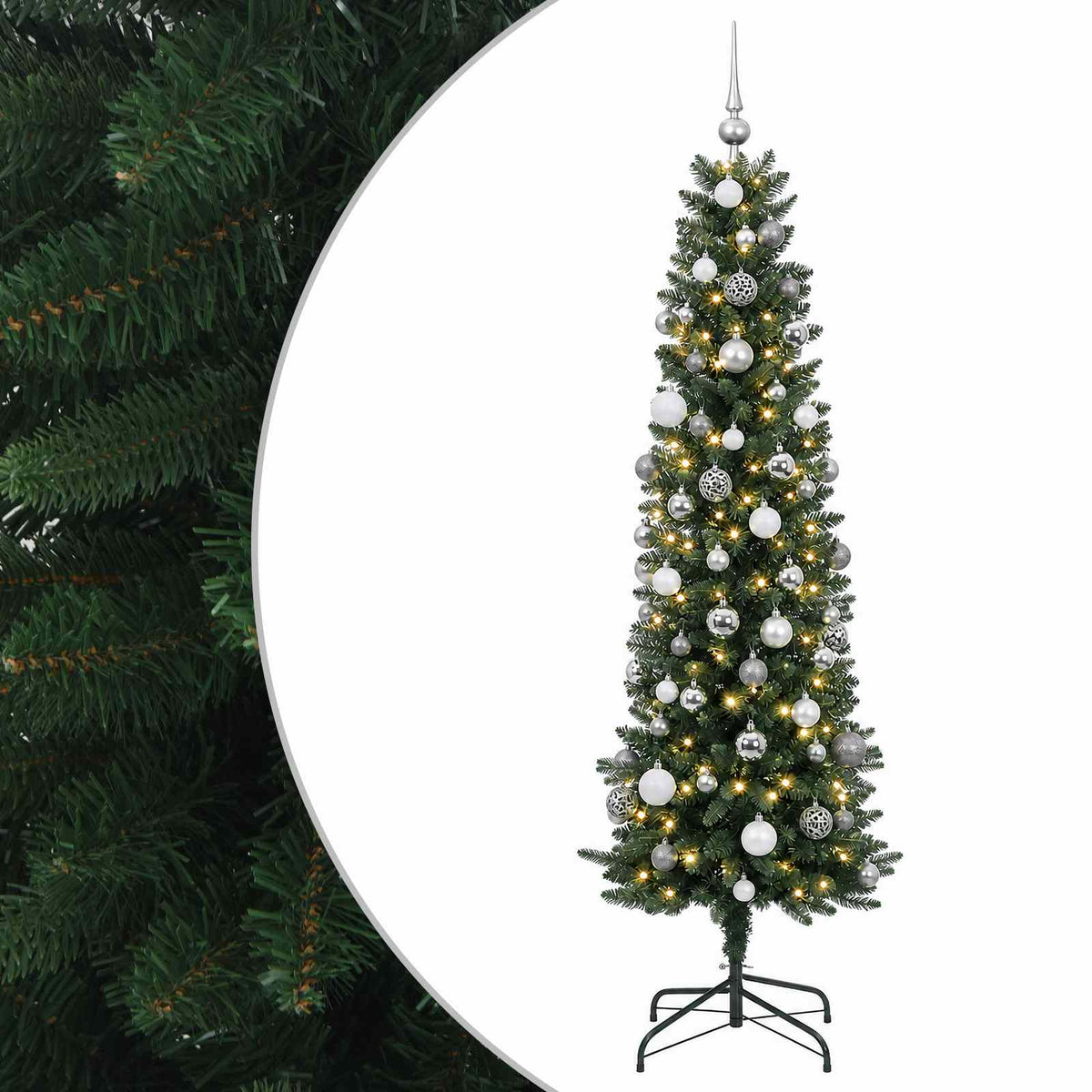 Dirbtinė siaura kalėdinė eglutė su žaisliukais 210 cm 300 LED